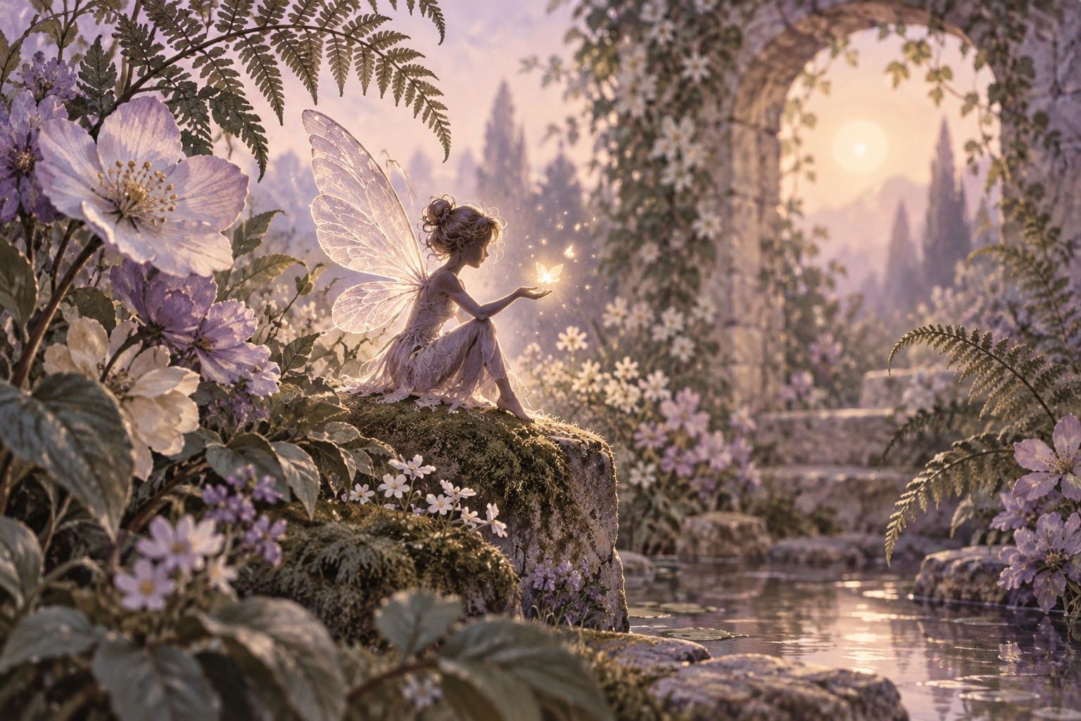 tiny luminous fairy silhouette in enchanted garden with flowers and fern leaves, soft lilac sage and warm cream, elegant illustration